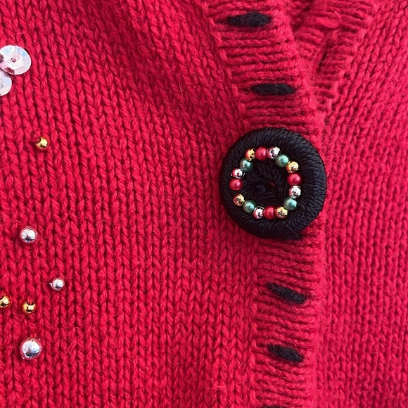 Christmas sweater button cardigan beaded sequins embroidered trees - Picture 5 of 12